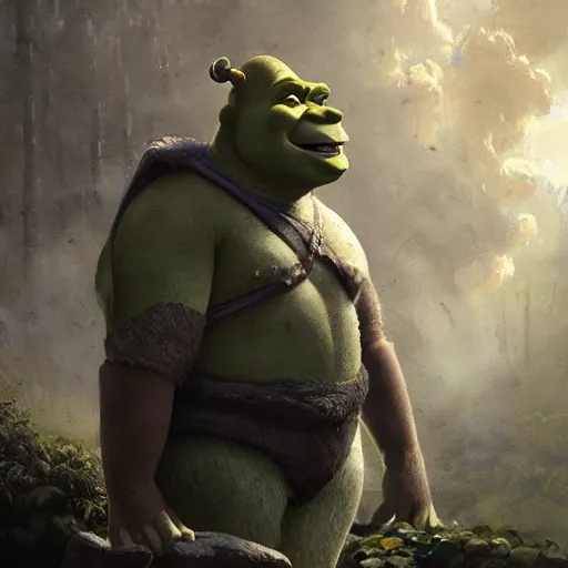 Prompt: shrek as an ancient mythological warrior deity, epic fantasy illustration, portrait, godly and ethereal, heavenly, by greg rutkowski