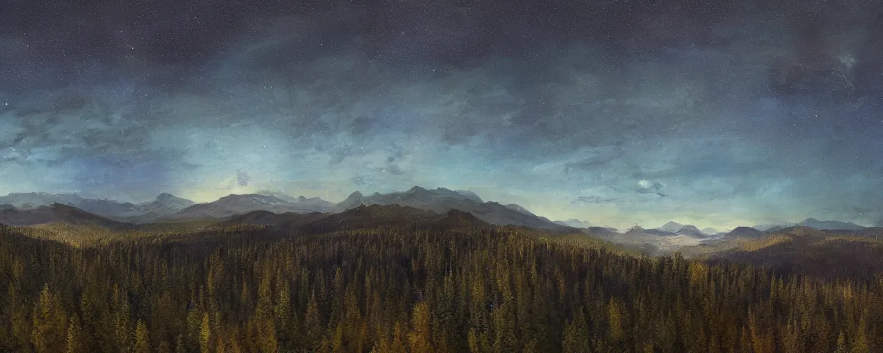 Prompt: a beautiful Landscape at midnight at the mountains viewed from above a forest, extreme long shot, wide angle, by Michael B Karas and Isaac Levitan, conceptart, illustration, high detailed 8K, realistic lighting