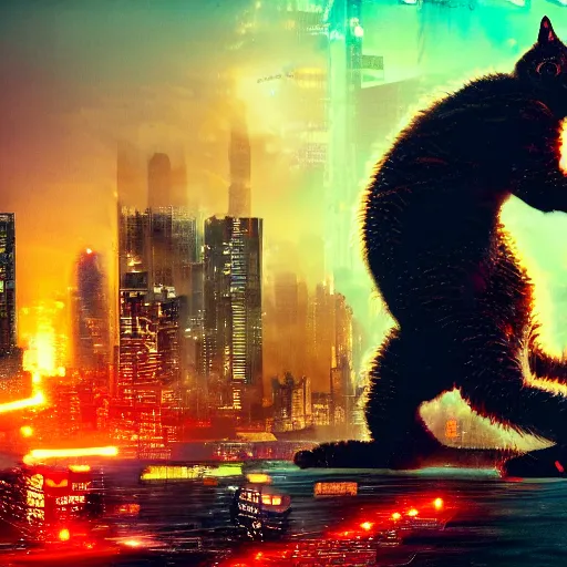 Image similar to bombay cat attacking a cyberpunk city like godzilla, cinematic, colorful, funny, chaotic, 8 k, computer wallpaper.