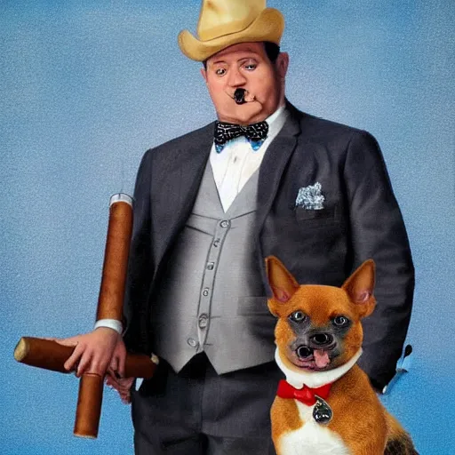 Prompt: Blue Heeler dog wearing a suit and smoking a cigar, holding a shotgun and pointing it at someone.