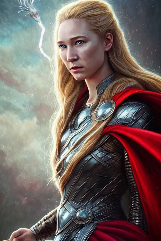 Image similar to Majestic and regal portrait of a female Thor, Marvel universe, Perfect face, beautiful, intricate, epic, elegant, menacing, fantasy, highly detailed, digital painting, hard focus, beautiful volumetric lighting, epic light, ultra detailed, by Leesha Hannigan, Ross Tran, Thierry Doizon, Kai Carpenter, Ignacio Fernández Ríos