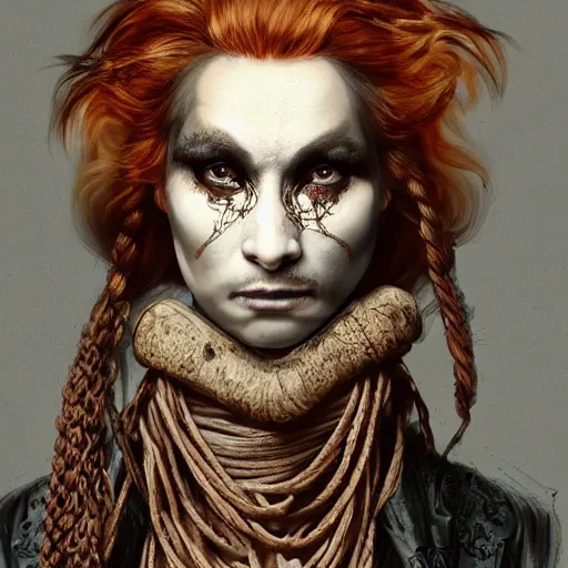 Image similar to portrait of a Shibari rope wrapped face and neck, headshot, insanely nice professional hair style, dramatic hair color, digital painting, of a old 17th century, old cyborg merchant, amber jewels, baroque, ornate clothing, scifi, realistic, hyperdetailed, chiaroscuro, concept art, art by Franz Hals and Jon Foster and Ayami Kojima and Amano and Karol Bak,