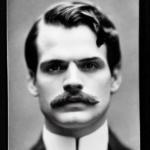 Prompt: headshot edwardian photograph of sebastian stan, henry cavill, small moustache, 1 9 2 0 s film actor, suave, charming, realistic face, 1 9 1 0 s photography, 1 9 0 0 s, grainy, victorian, soft blur