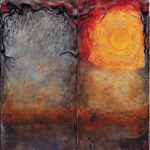 Prompt: under the bleeding sun, by Anselm Kiefer, by Max Ernst, by, Mark Rothko beautiful, eerie, surreal, colorful