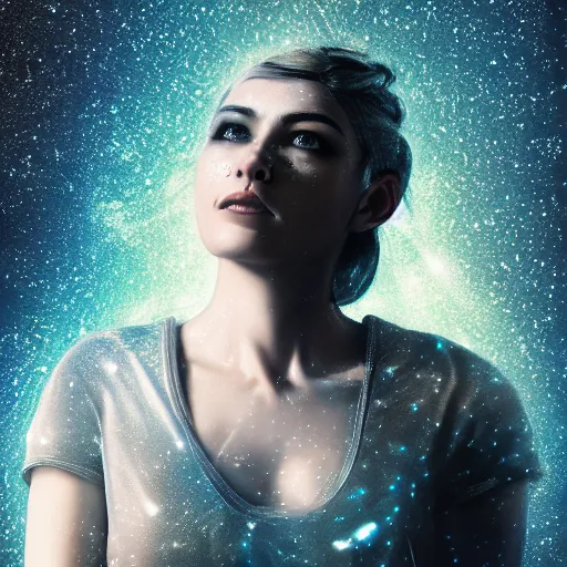 Image similar to woman portrait made out of galaxies, beautiful, cyborg, comic book art, realistic, highly detailed, octane render