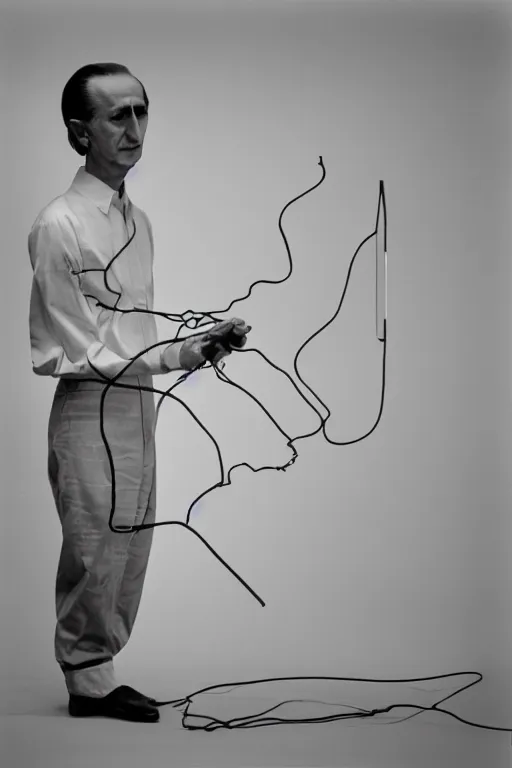 Image similar to a minimalist portrait of Marcel Duchamp holding computer cables in the style of Annie Leibovitz, Irving Penn, Hito Steyerl, Shinya Tsukamoto, Saâdane Afif, Alfredo Jaar line drawing and 35mm film, wide angle, monochrome, futuristic tetsuo