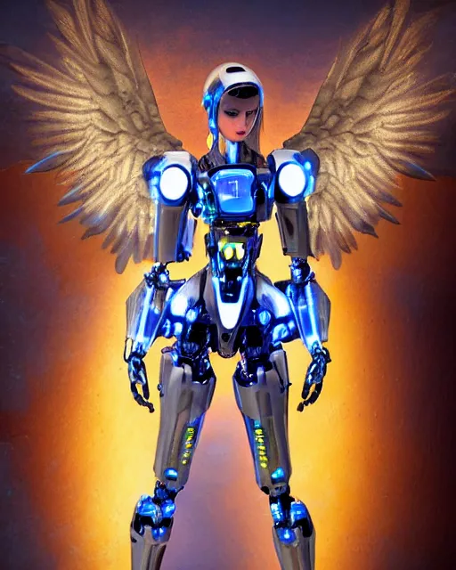 Prompt: female angel with solarpunk mecha humanoid robotic parts with bright led lights, pudica pose gesture, by renoir, ultra - realistic and intricate, hdr 8 k