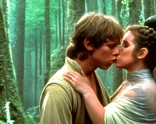 Image similar to luke skywalker, princess leia and han solo hugging and kissing in the forest of endor at the end of return of the jedi