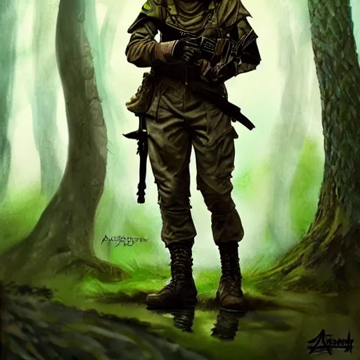 Image similar to male soldier in the forest, by annie leibowitz!!!, D&D, fantasy, intricate, elegant, highly detailed, digital painting, artstation, concept art, matte, sharp focus, illustration