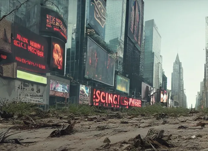 Image similar to film still of post apocalyptic empty time square, overgrown with wildlife walking through in the new sci - fi movie, 8 k