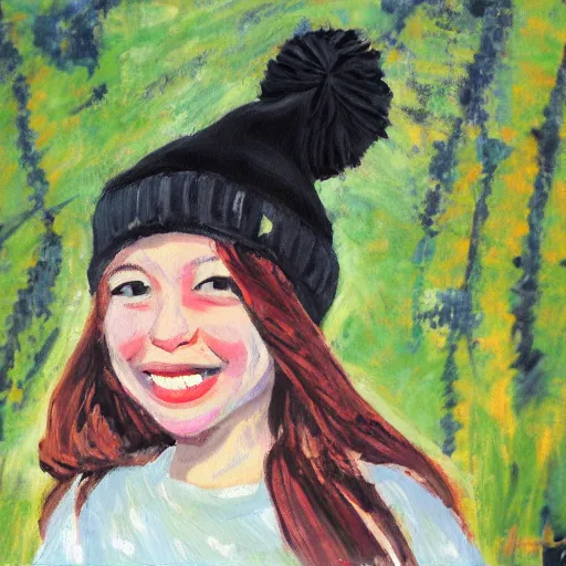 Image similar to painting of a girl with large smile, black color, beanie, impressionist style