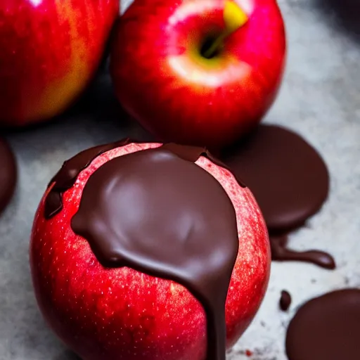 Prompt: photo of beautiful shiny red apple being covered in melted chocolate, 5 0 mm, beautiful photo