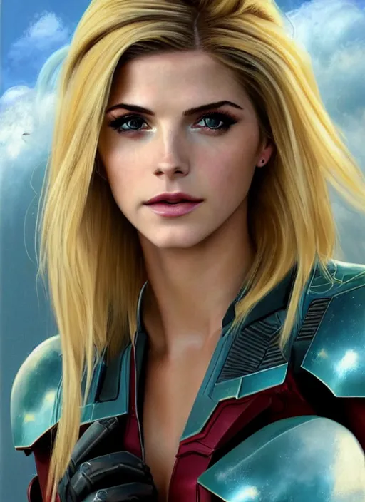 Prompt: portrait of a combination of Ashley Greene, Katheryn Winnick, Victoria Justice and Adriana Dxim, Grace Kelly, Emma Watson and Lily Collins with blonde hair wearing Samus' Armor from Metroid Prime, countryside, calm, fantasy character portrait, dynamic pose, above view, sunny day, thunder clouds in the sky, artwork by Jeremy Lipkin and Giuseppe Dangelico Pino and Michael Garmash and Rob Rey and Greg Manchess and Huang Guangjian, very coherent asymmetrical artwork, sharp edges, perfect face, simple form, 100mm