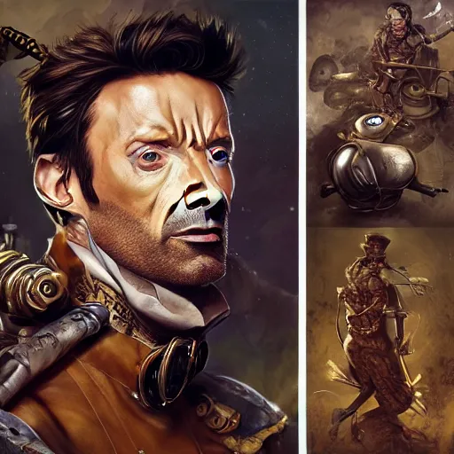 Prompt: a beautiful painting of steampunk Hugh Jackman, by Mizuri AU and Soufiane Idrassi and BONDARTS and Tomasz Alen Kopera and Klaus Wittmann and Deathburger and Daniel Romanovsky and Aku, trending on art station