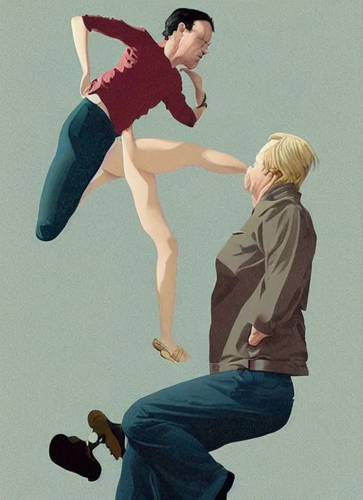 Image similar to poster artwork by Michael Whelan and Tomer Hanuka, Karol Bak of Naomi Watts & Philip Seymour Hoffman falling in love, from scene from Twin Peaks, clean, simple illustration, nostalgic, domestic, full of details