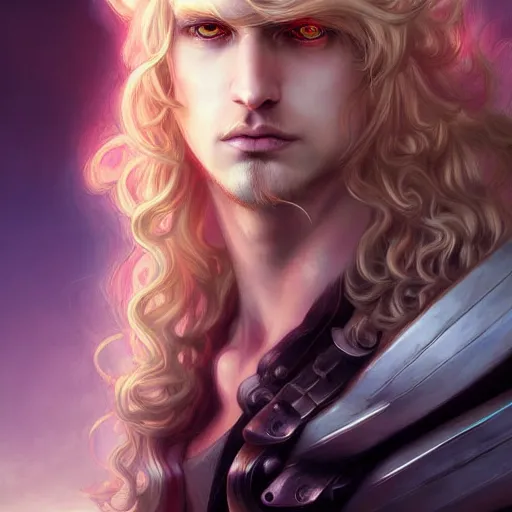 Prompt: digital art of a pale menacing male Cyborg Angel of Battle with long blond curls of hair and piercing eyes, central composition, he commands the fiery power of resonance and wrath, very very long blond curly hair with bangs!!!, Center parted bangs, fringe, baroque curls, by Ross Tran Rossdraws and WLOP, Artstation, CGsociety