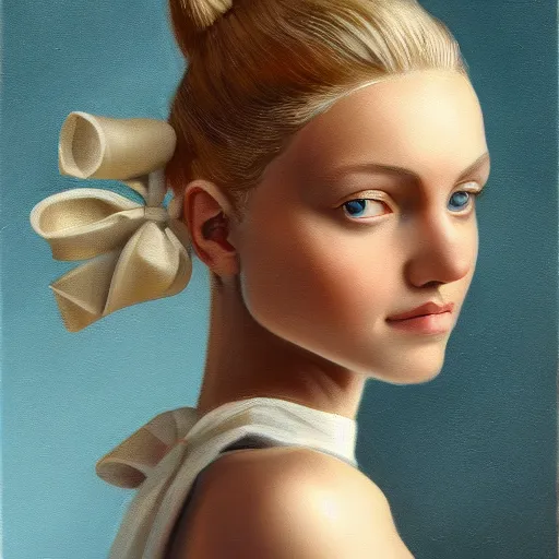 Image similar to a symmetrical portrait of a blonde woman with bows, oil painting, pale colors, high detail, 8 k, wide angle, trending on artstation,