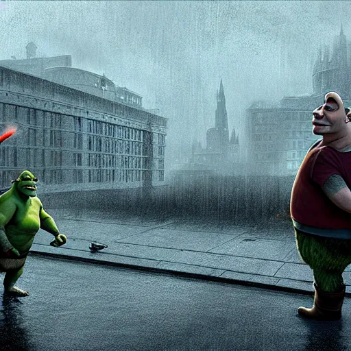 Prompt: steven armstrong vs shrek on helipad during storm, hyperrealism, no blur, 4 k resolution, ultra detailed, style of dragan bibin, denis villeneuve, tyler edlin, greg rutkowski