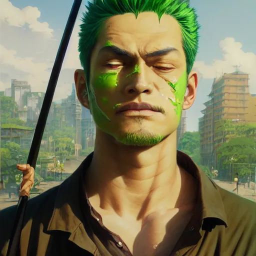 Image similar to highly detailed vfx portrait of roronoa zoro, stephen bliss, greg rutkowski, loish, rhads, beeple, makoto shinkai, tom bagshaw, alphonse mucha, sharp focus, art by artgerm and greg rutkowski, green hair, backlit, harsh overhead sunlight,