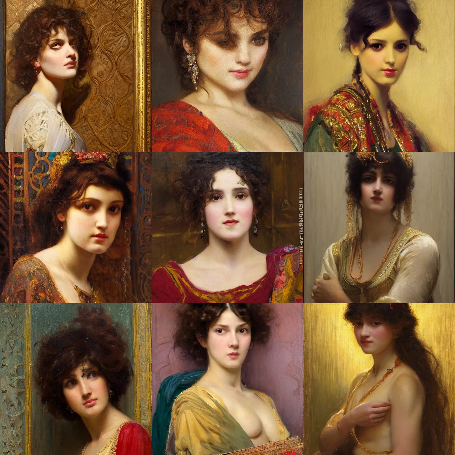 Prompt: orientalism painting of a beautiful woman in a palace messy blunt bangs curly hair face detail by edwin longsden long and theodore ralli and nasreddine dinet and adam styka, masterful intricate art. oil on canvas, excellent lighting, high detail 8 k