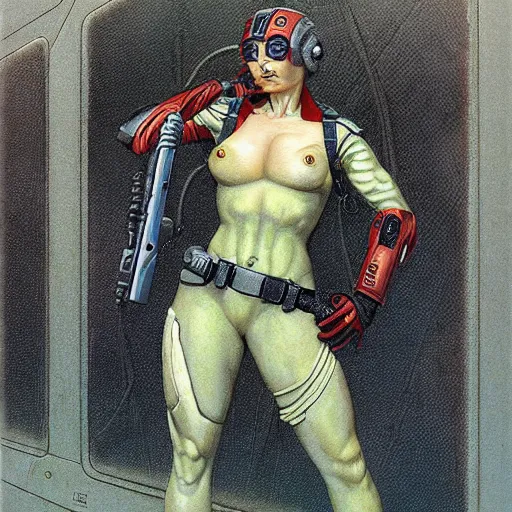 Image similar to female Scifi soldier gets ready, by Gerald Brom