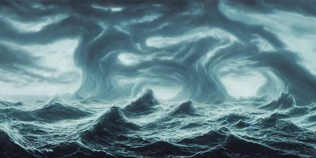 Image similar to evil eldritch lovecraftian scenery seascape, lord of the rings, rough oceans, aurora borealis, mist, leviathan, tentacles, stormy weather, waves, highly detailed, bleak color, perfect lighting, perfect composition, 8 k, brian froud, artgerm, derek zabrocki, greg rutkowski