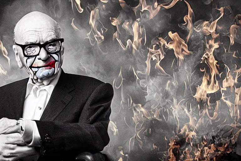 Prompt: Rupert Murdoch wearing glasses and makeup like The Joker, brilliant colors, standing in hell surrounded by fire and flames and bones and brimstone, portrait photography, depth of field, bokeh