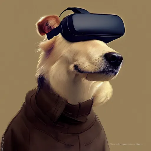 Image similar to a dog wearing a VR headset on its head. By Makoto Shinkai, Stanley Artgerm Lau, WLOP, Rossdraws, James Jean, Andrei Riabovitchev, Marc Simonetti, krenz cushart, Sakimichan, trending on ArtStation, digital art.