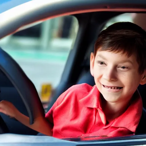 Prompt: a 9 year old driving a taxi