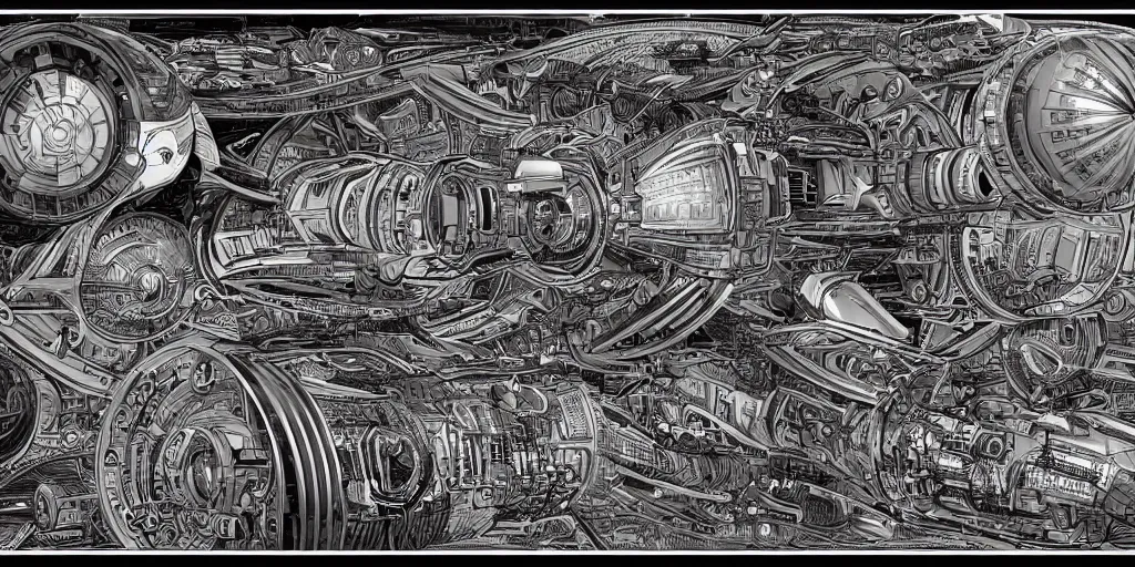 Prompt: highly detailed character sheet drawing, side view, sf interstellar travel drive designs, intricate and stylized spaceship designs