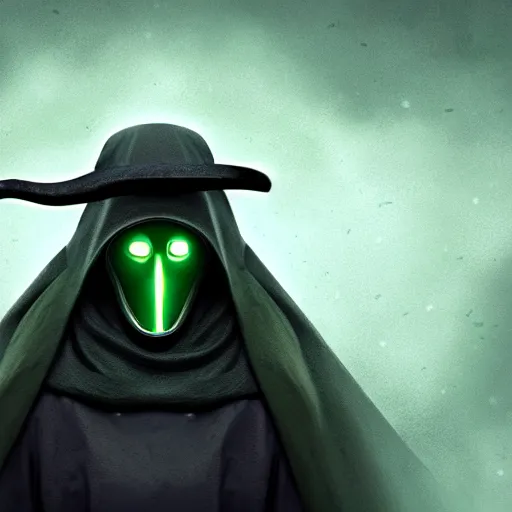 Image similar to portrait of a feminine plague doctor, front angle, green glowing eyes and background with detailed fog background and foreground, stunning 3 d render inspired art by greg rutkowski and xiang duan and thomas eakes, realistic, highly detailed attributes and atmosphere, dim volumetric cinematic lighting, 8 k octane detailed render, post - processing, masterpiece, soft vignette