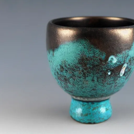 Prompt: raku elephant sake cup, horse hair, raku metallic, turquoise, mottled, smokey, crackle, spot lit
