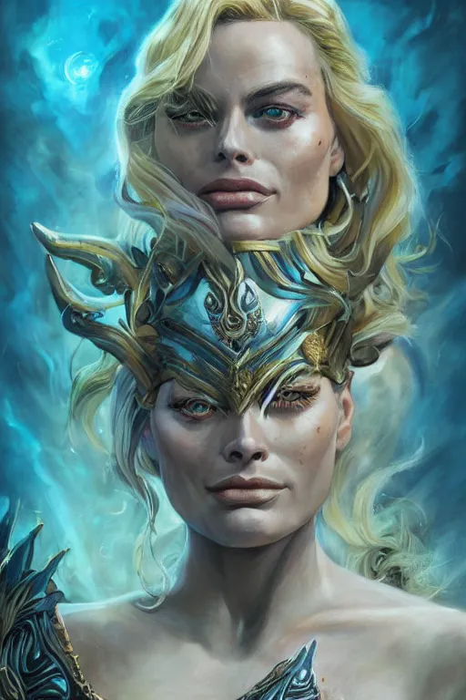 Image similar to A fantasy comic book style portrait painting of Margot Robbie as an Atlantean Reptilian Warrior, Mystical Valkyrie, unreal 5, DAZ, hyperrealistic, octane render, Regal, Refined, Detailed Digital Art, RPG portrait, Michael Cheval, Walt Disney (1937), François Boucher, Oil Painting, Steampunk, dynamic lighting, Highly Detailed, Cinematic Lighting, Unreal Engine, 8k, HD