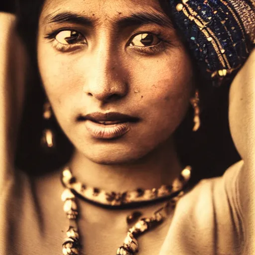 Image similar to vintage portrait of a stunningly beautiful nepali female, dark eyes, dark hair, olive skin, depth of field, zeiss lens, detailed, symmetrical, centered, fashion photoshoot, by edward s curtis, Annie Leibovitz and Steve McCurry, David Lazar, Jimmy Nelsson, Breathtaking, 8k resolution, extremely detailed, beautiful, establishing shot, artistic, hyperrealistic, beautiful face, octane render