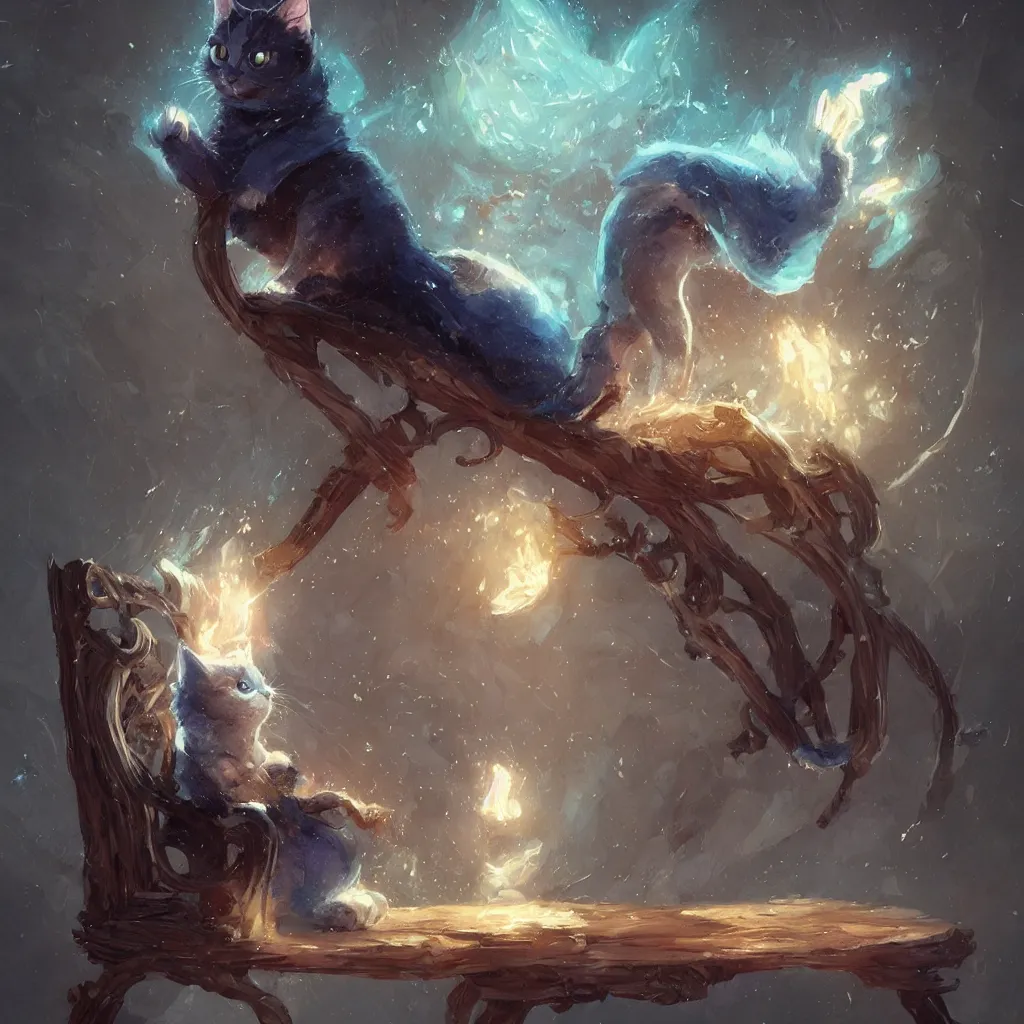 Image similar to anime cat with cloak sitting on a magical wood carved chair, super powers, glowing tiny blue lines, concept art, by greg rutkowski, overdetailed art