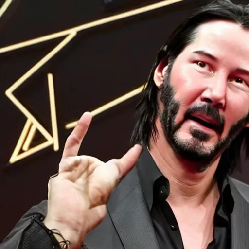 Image similar to Keanu Reeves facepalming over how bad Cyberpunk 2077 was