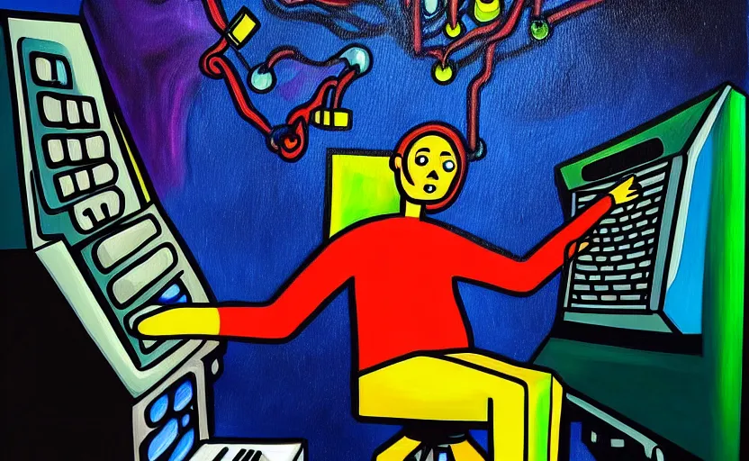 Prompt: a painting of someone stuck inside a dream but they really stuck inside a giant computer, you can see hands on the outside pulling the strings, surrealist, colour