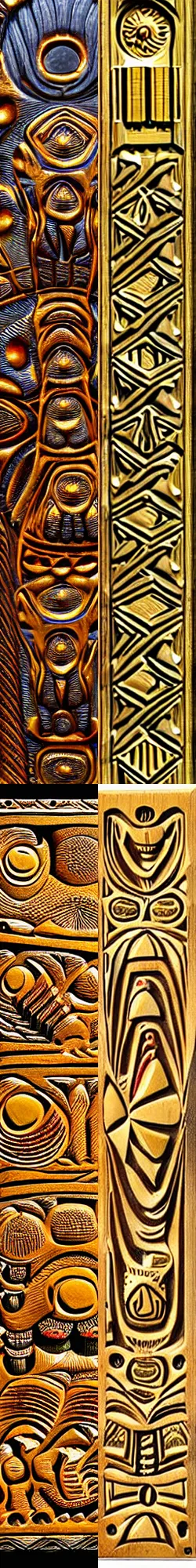 Prompt: golden rod wood carved in relief, gold color with aboriginal motifs of northern Patagonia, animals and nature of the patagonian aboriginal by miguel ange