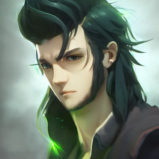Prompt: insanely detailed. by wlop, ilya kuvshinov, krenz cushart, greg rutkowski, pixiv. zbrush sculpt, octane, maya, houdini, vfx. close - up gorgeous attractive cg anime male character with long hair, parted in the middle, with brilliant green glowing eyes. cinematic dramatic atmosphere, sharp focus, volumetric lighting.