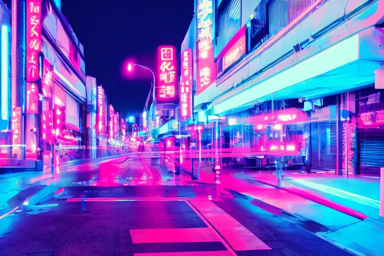 Prompt: neon tokyo street futuristic aesthetic, wallpaper, unsplash, colorful, style of aenami alena, neon blue color,