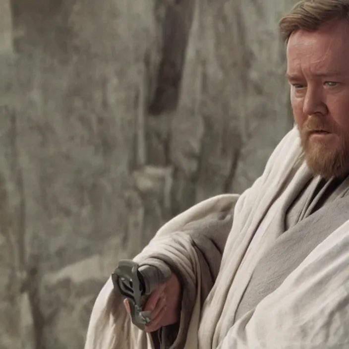 Image similar to obi wan kenobi but obese!! and overweight, photoralistic rendering, movie still, screenshot, hyperdetailed