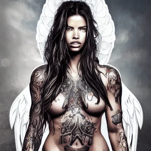 Image similar to photorealistic beautiful Adriana Lima whole body heavily covered in elfish tattoos as a warrior angel , extremely detailed face, hair, skin and hands, intricate tattoos, digital art, wallhaven.cc wallpaper!, concept art, smooth, sharp focus, high fantasy illustration, art by Artgerm, Alina Ivanchenko and Rob Ross
