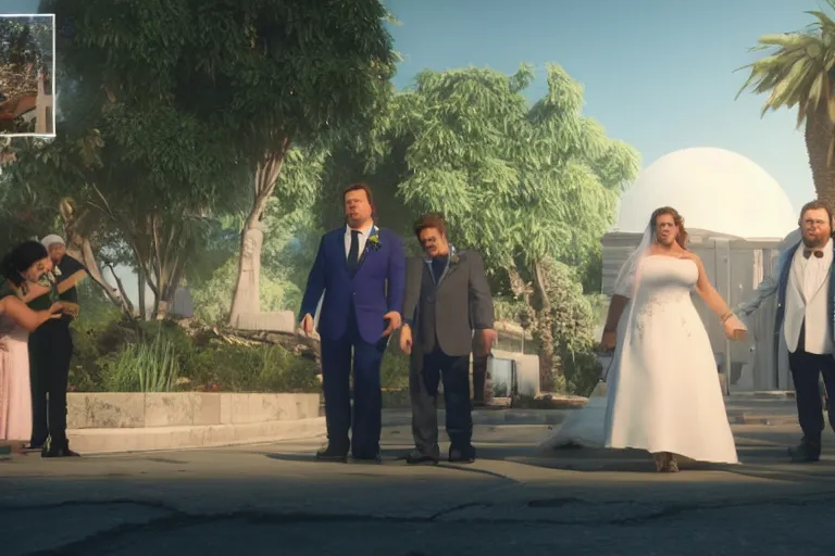 Image similar to a still from My Big Fat Greek wedding, wedding, wedding, with Fox McCloud and Fox McCloud and godzilla, octane render, nvidia raytracing demo, masterpiece