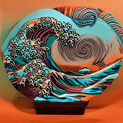 Image similar to claymation, 3 d clay sculpture, made of clay, ocean waves sculpture, colorful, inspired by hokusai