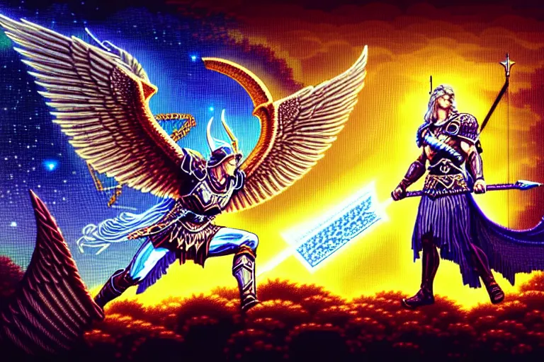 Image similar to odin wielding the divine lance, valkyrie profile game, beautiful detailed pixelart by albertov, intricate details, beautiful, dithered gradients, volumetric lighting, cgsociety, artstation, smooth, sharp focus, 2 d illustration, amazing art by dan mumford, old school computer game graphics, crpg, d & d, pixel art