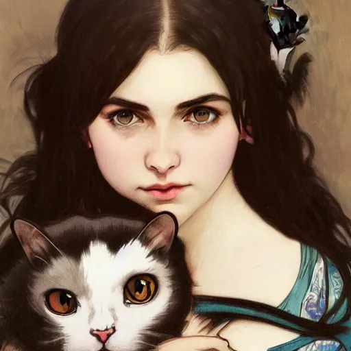 Image similar to cute emo german woman, with long dark hair, thick eyebrows!!! dark eyes and dark circles!, wide nose!!!, big eyes, oval face shape, big cheeks!, she is holding a cat in her arms, by juan villafuerte, greg rutkowski and alphonse mucha, pexels contest winner, high quality photo, hd rtx