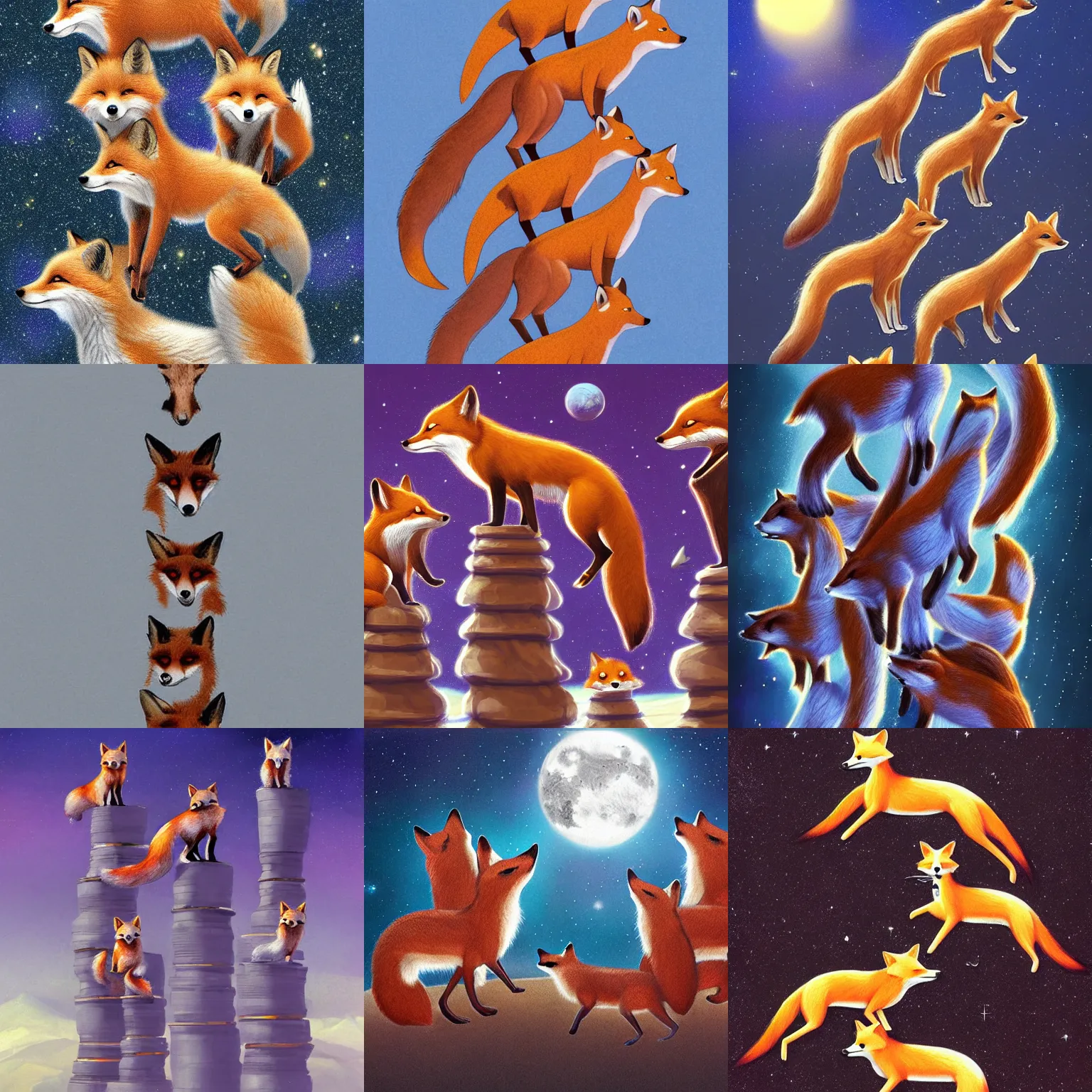 Prompt: foxes all the way down, infinitely tall stack of foxes, surreal concept art, space