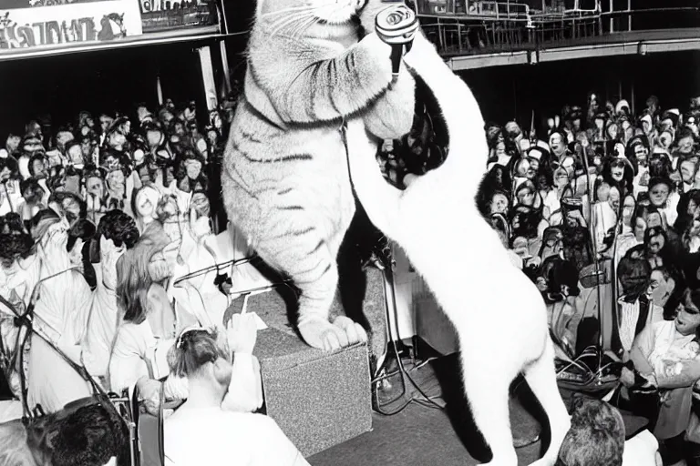 Prompt: giant cat singing into a microphone on broadway stage, candid photograph by slim aarons