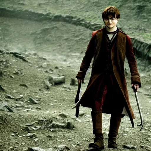 Image similar to daniel radcliffe as harry potter walking, in mordor from lord of the rings