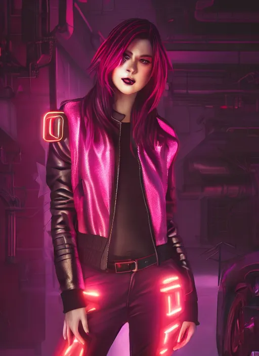 Image similar to pretty young woman with shoulder length shiny shimmering dark red hair and wearing a stuffed leather jacket with the glow of neon lights illuminating her, path traced, highly detailed, high quality, digital painting, by cd projekt red, cyberpunk,